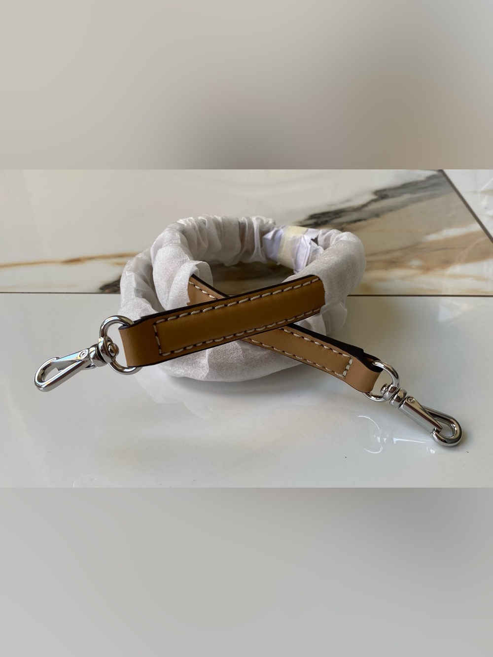 NWT stylish tan/white stitching leather bag strap with silver tone hardware